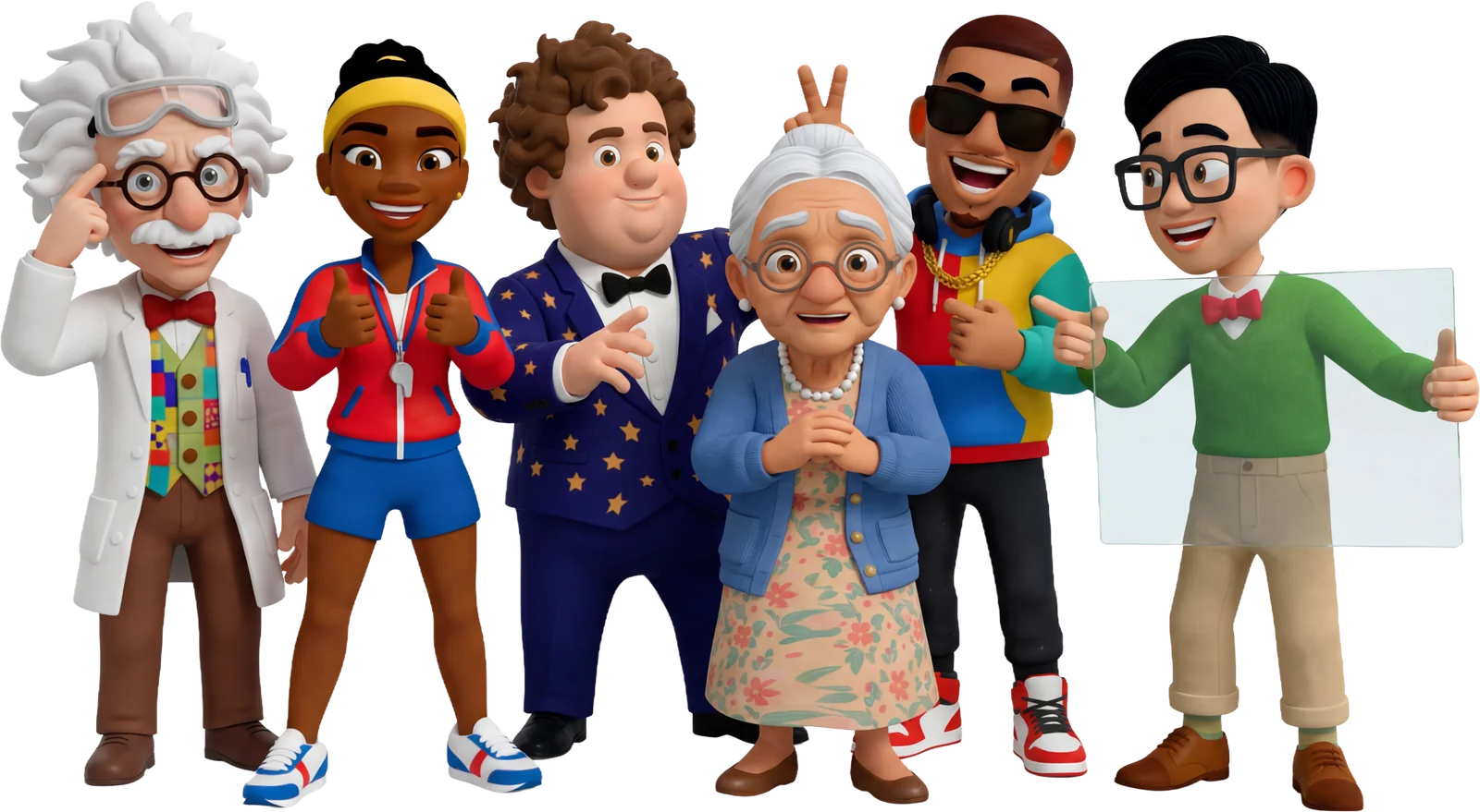 De zes Kwis het wel-personages samen